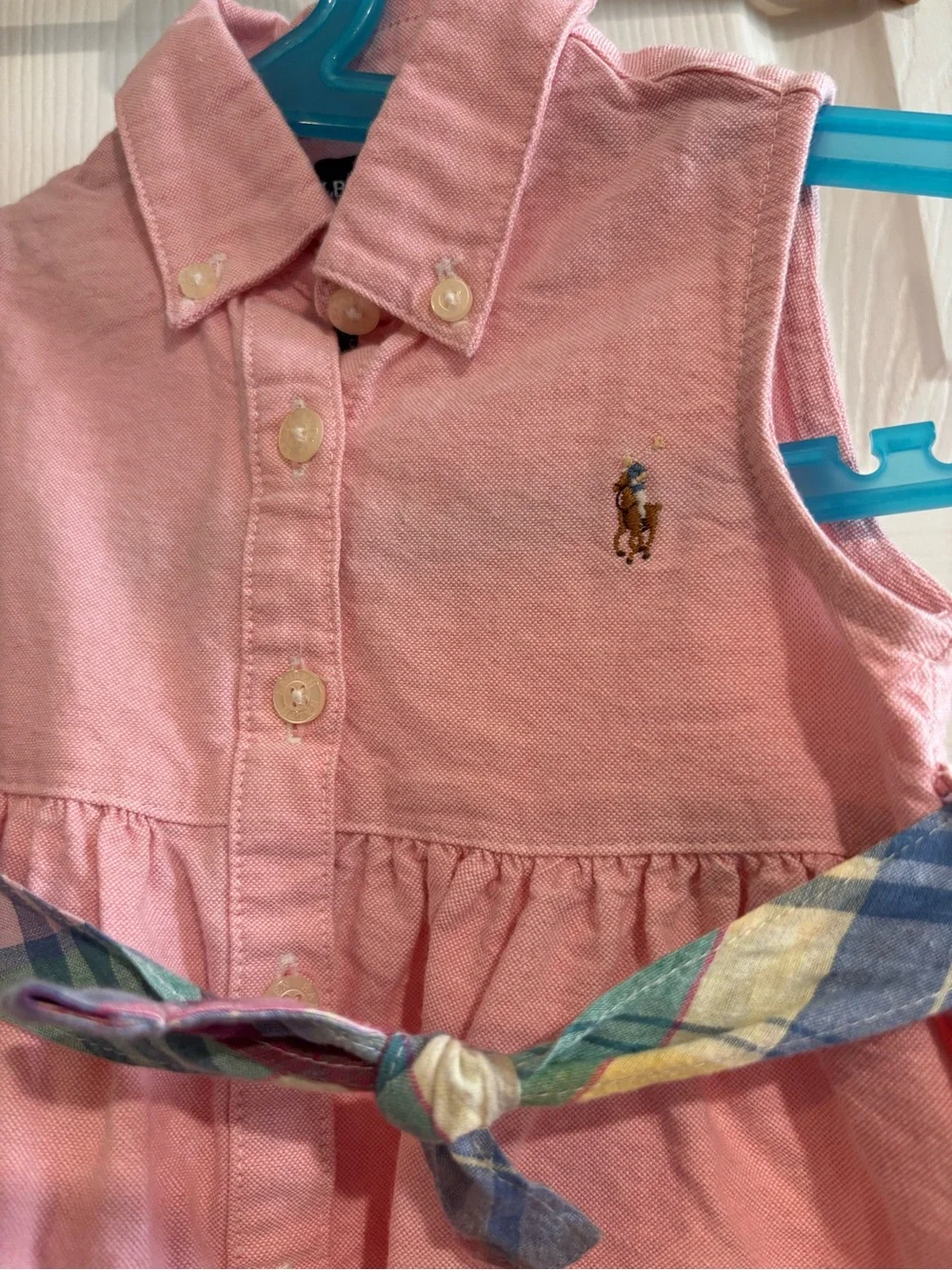 Ralph Lauren Pink Sleeveless Oxford Dress with Madras Belt 12-18 months cotton